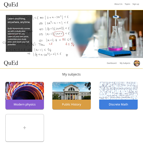 Screenshot of the Qued landing page